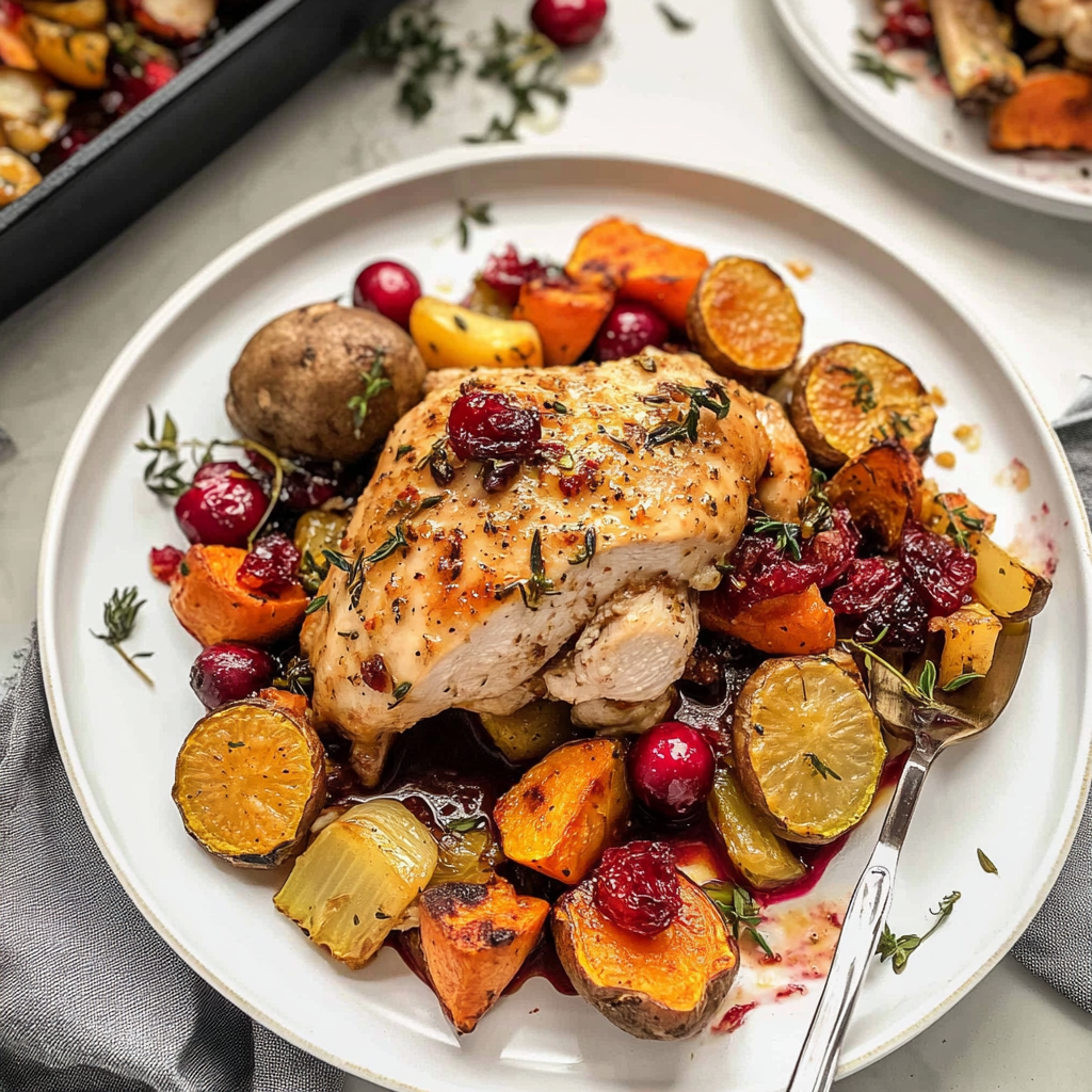 Recipe preparation for Sheet Pan Cranberry Dijon Chicken with Roasted Root Vegetables