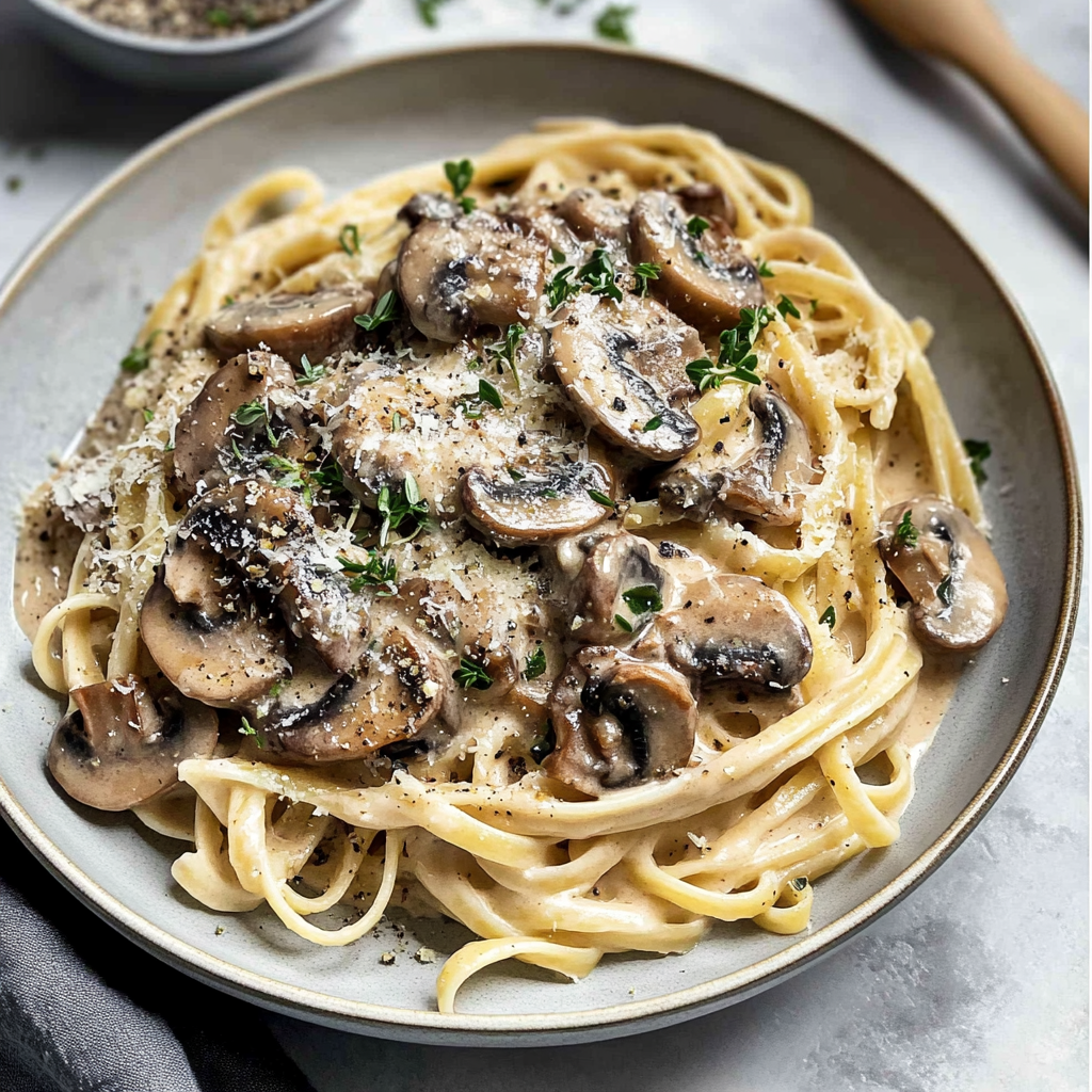 Recipe preparation for 30-Minute Creamy Mushroom and Thyme Pasta