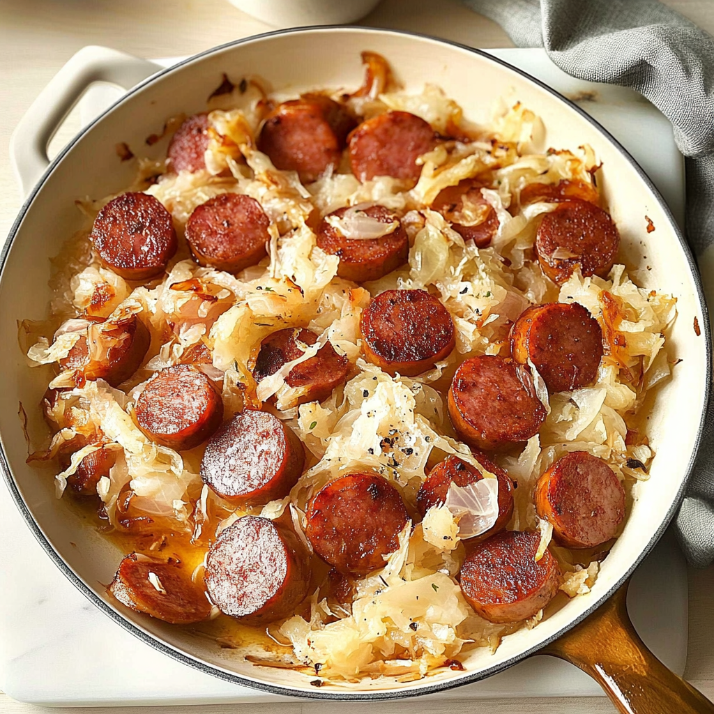 Recipe preparation for Sheet Pan New Year's Kielbasa and Sauerkraut