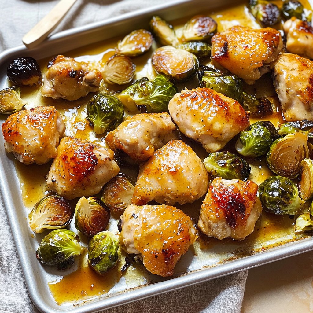 Recipe preparation for Honey Mustard Sheet Pan Chicken with Brussels Sprouts