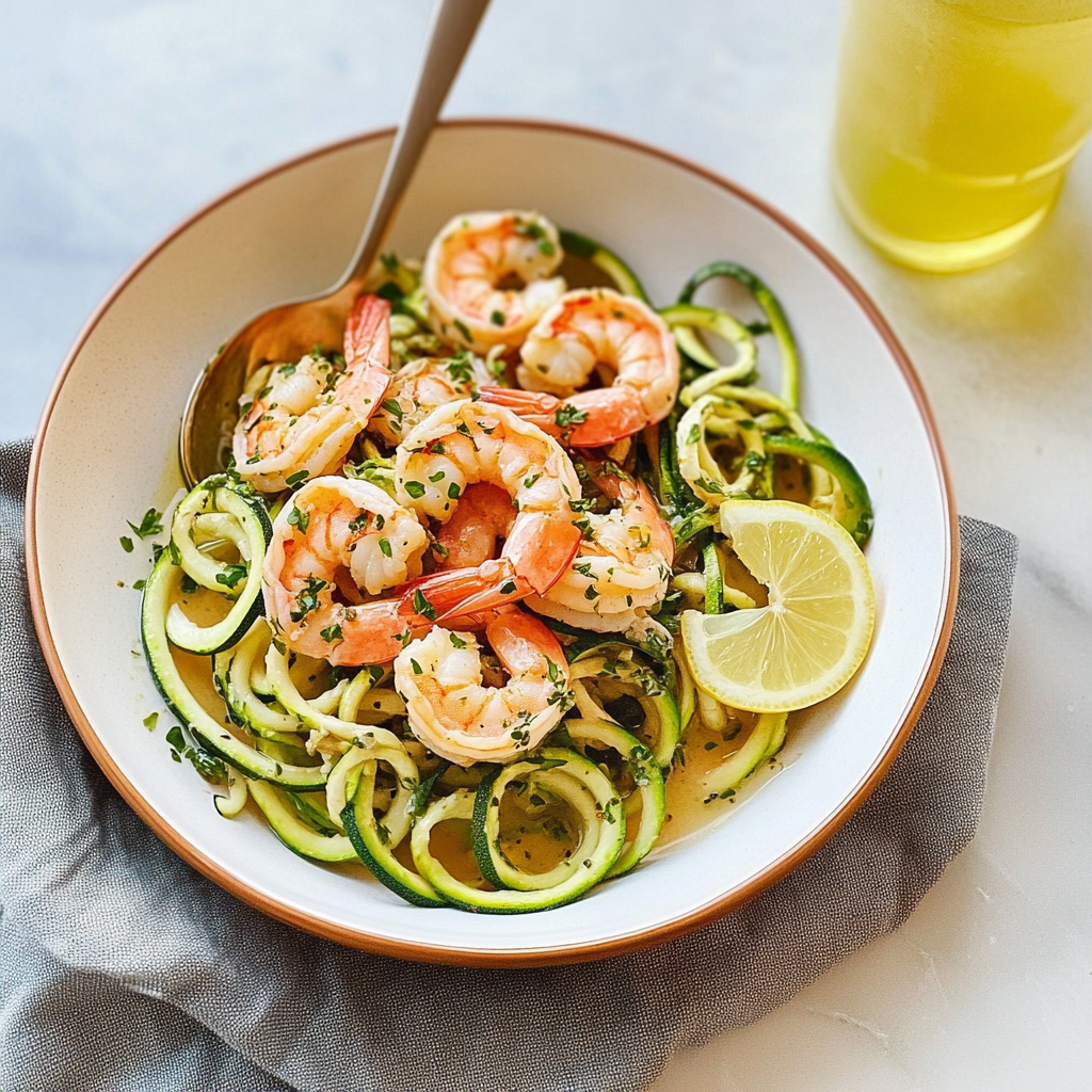 Recipe preparation for 30-Minute Mediterranean Shrimp Scampi with Zucchini Noodles