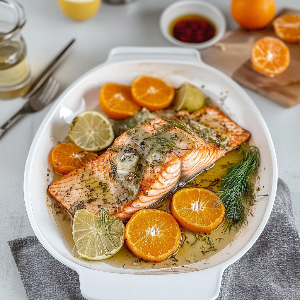 Recipe preparation for Sheet Pan Roasted Salmon with Clementines and Fennel