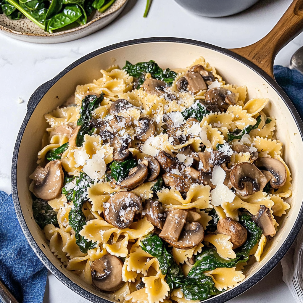 Recipe preparation for mushroom spinach pasta skillet